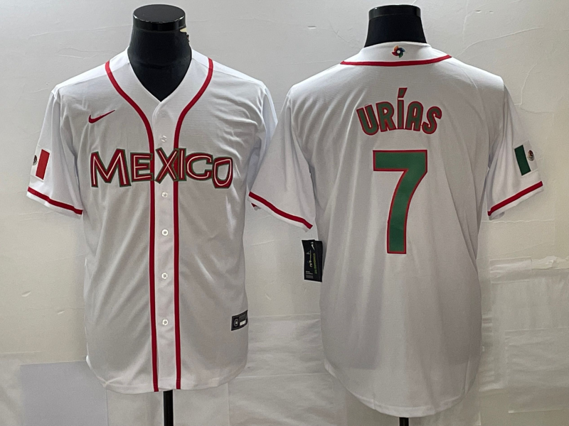 Men's Mexico Baseball #7 Julio Urías 2023 White World Baseball With Patch Classic Stitched Jersey Men's Mexico Baseball #7 Julio Urías 2023 White World Baseball With Patch Classic Stitched Jersey